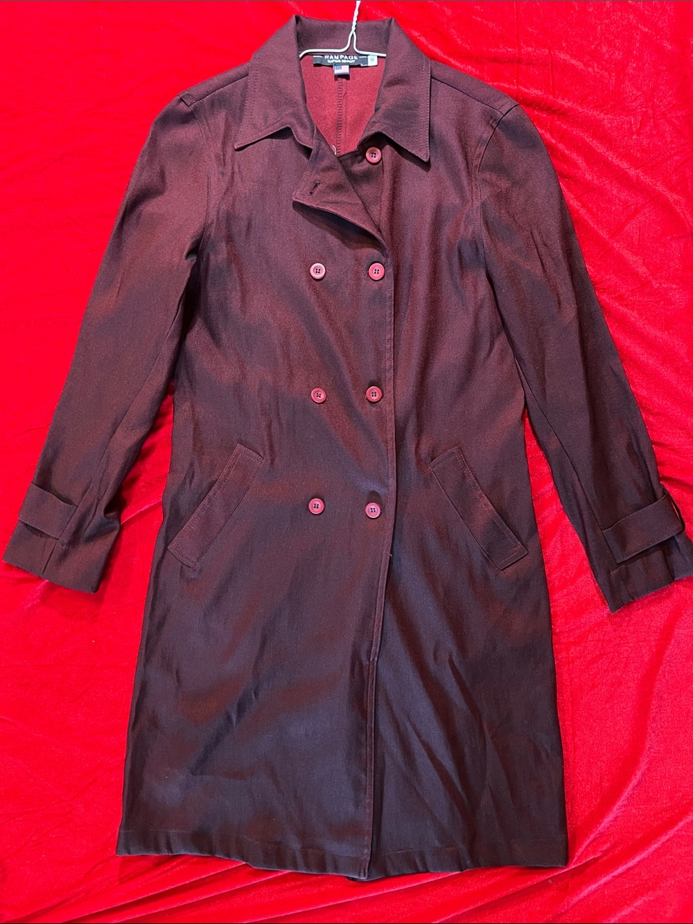 Rampage Burgundy Double Breasted Trench Coat Size S Womens Long no belt maroon